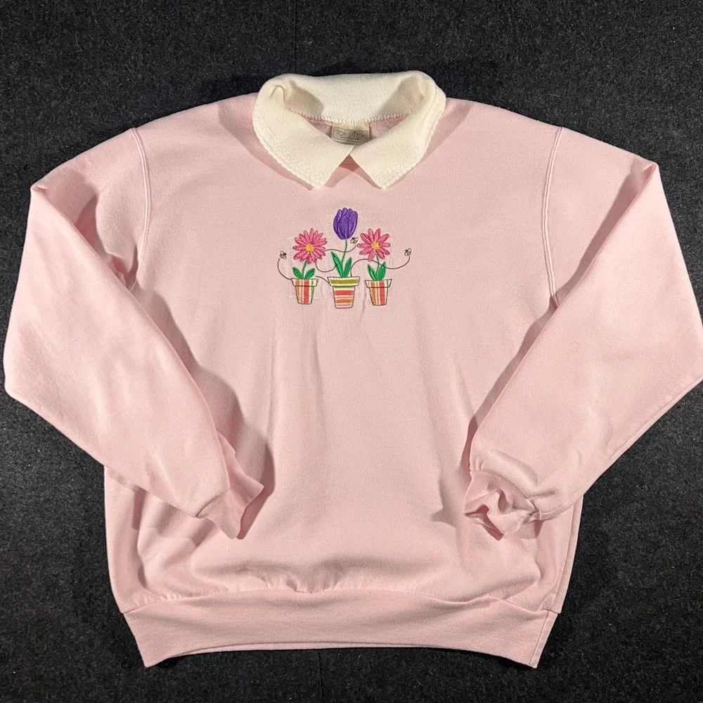 Top Stitch Morning Sun Sweatshirt Womens M Pink Floral Embroidered Vintage 90s